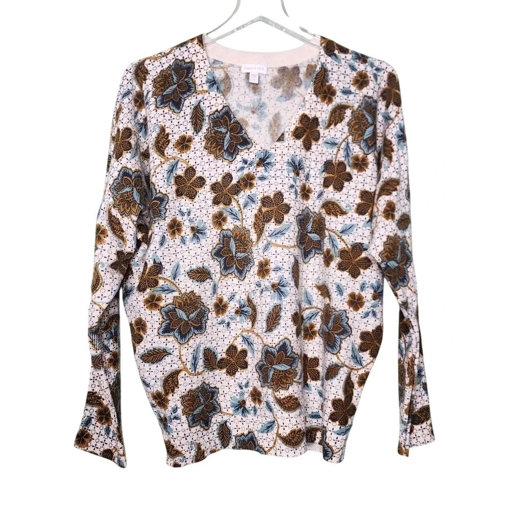 Garnet Hill Cashmere Floral Print V-Neck Sweater Dolman Sleeve Cottage Preppy S